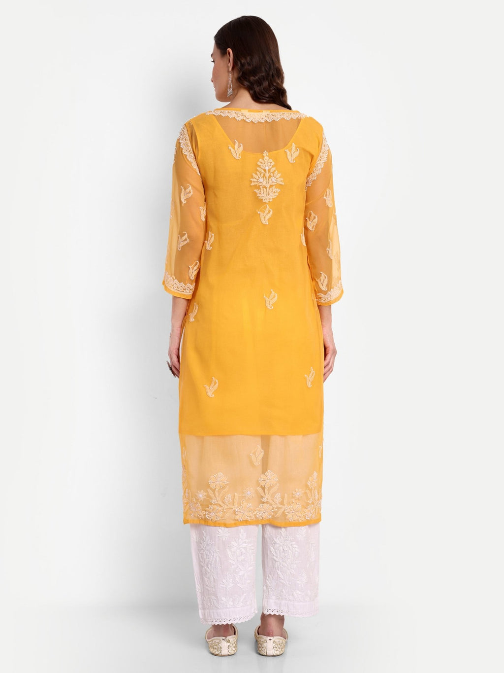 Lucknow Chikankari Hand Embroidered Kurta with Matching Inner, Georgette - Indiankala4u