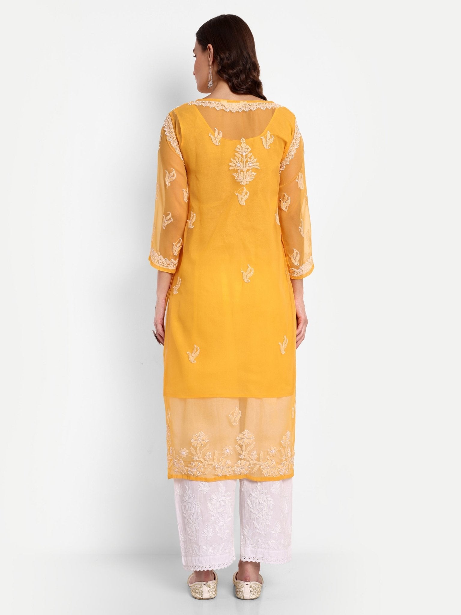 Lucknow Chikankari Hand Embroidered Kurta with Matching Inner, Georgette - Indiankala4u