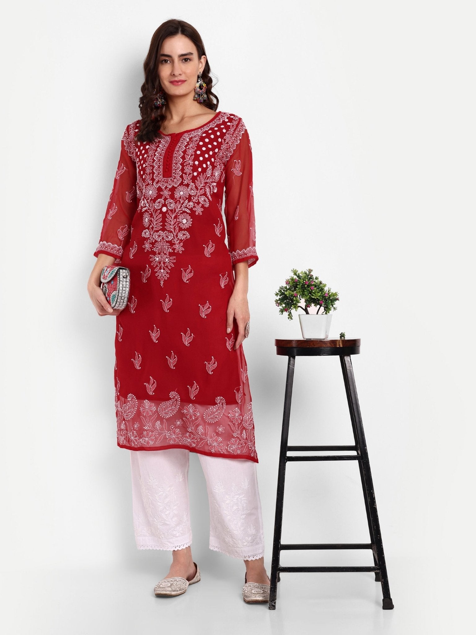 Lucknow Chikankari Hand Embroidered Kurta with Matching Inner, Georgette - Indiankala4u