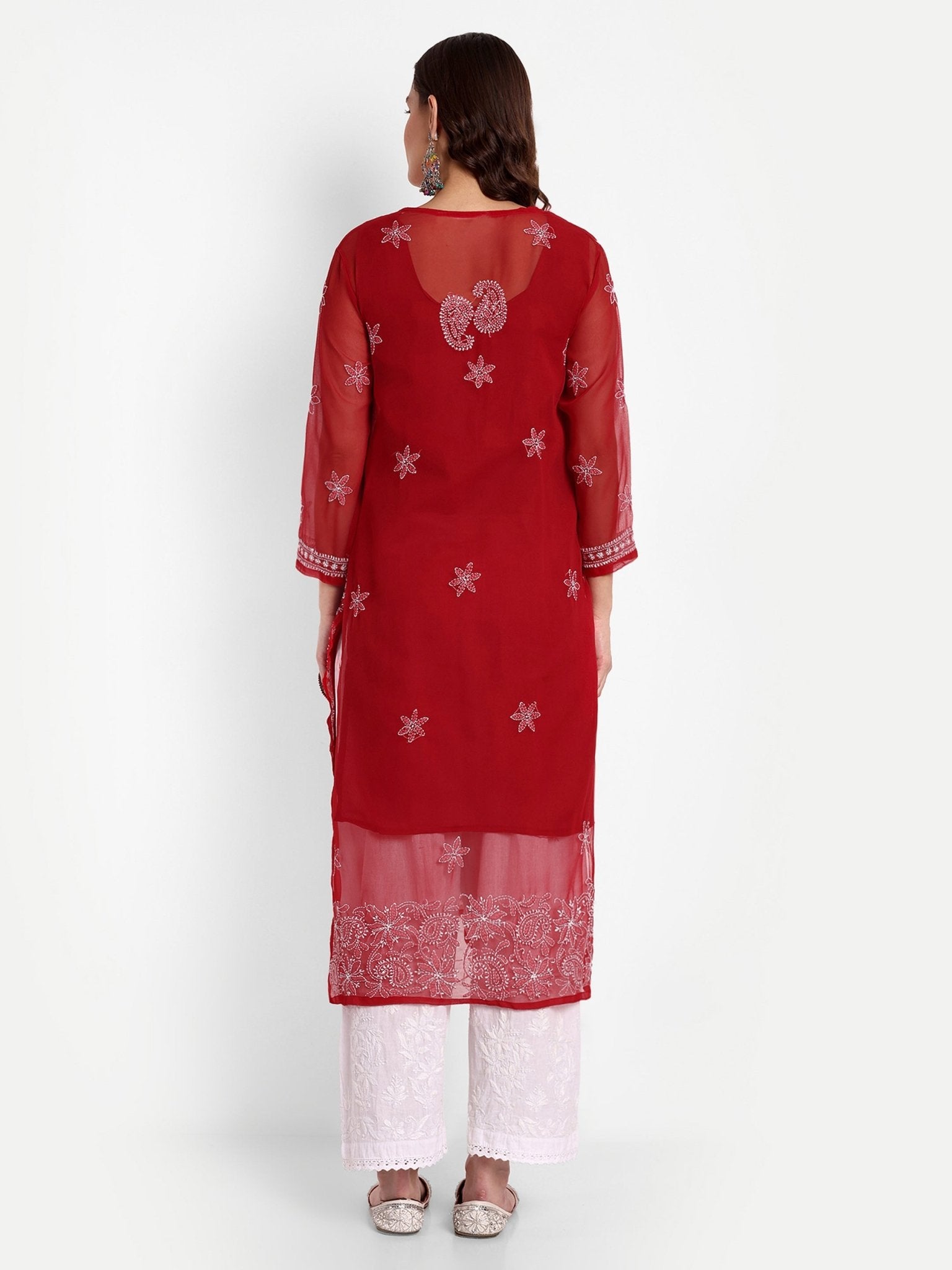 Lucknow Chikankari Hand Embroidered Kurta with Matching Inner, Georgette - Indiankala4u