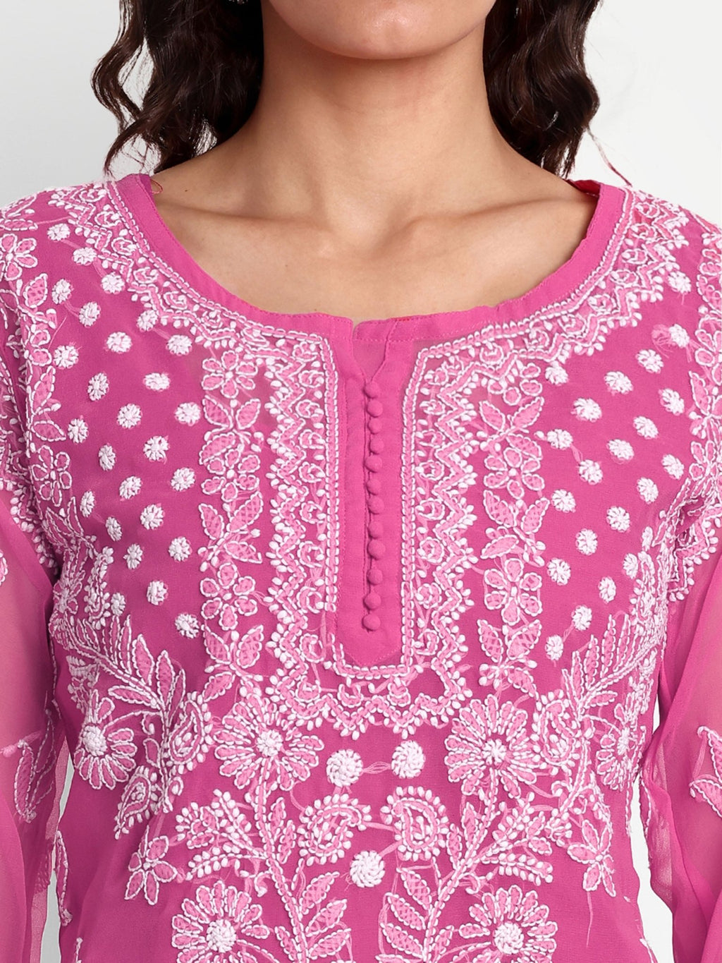 Lucknow Chikankari Hand Embroidered Kurta with Matching Inner, Georgette - Indiankala4u