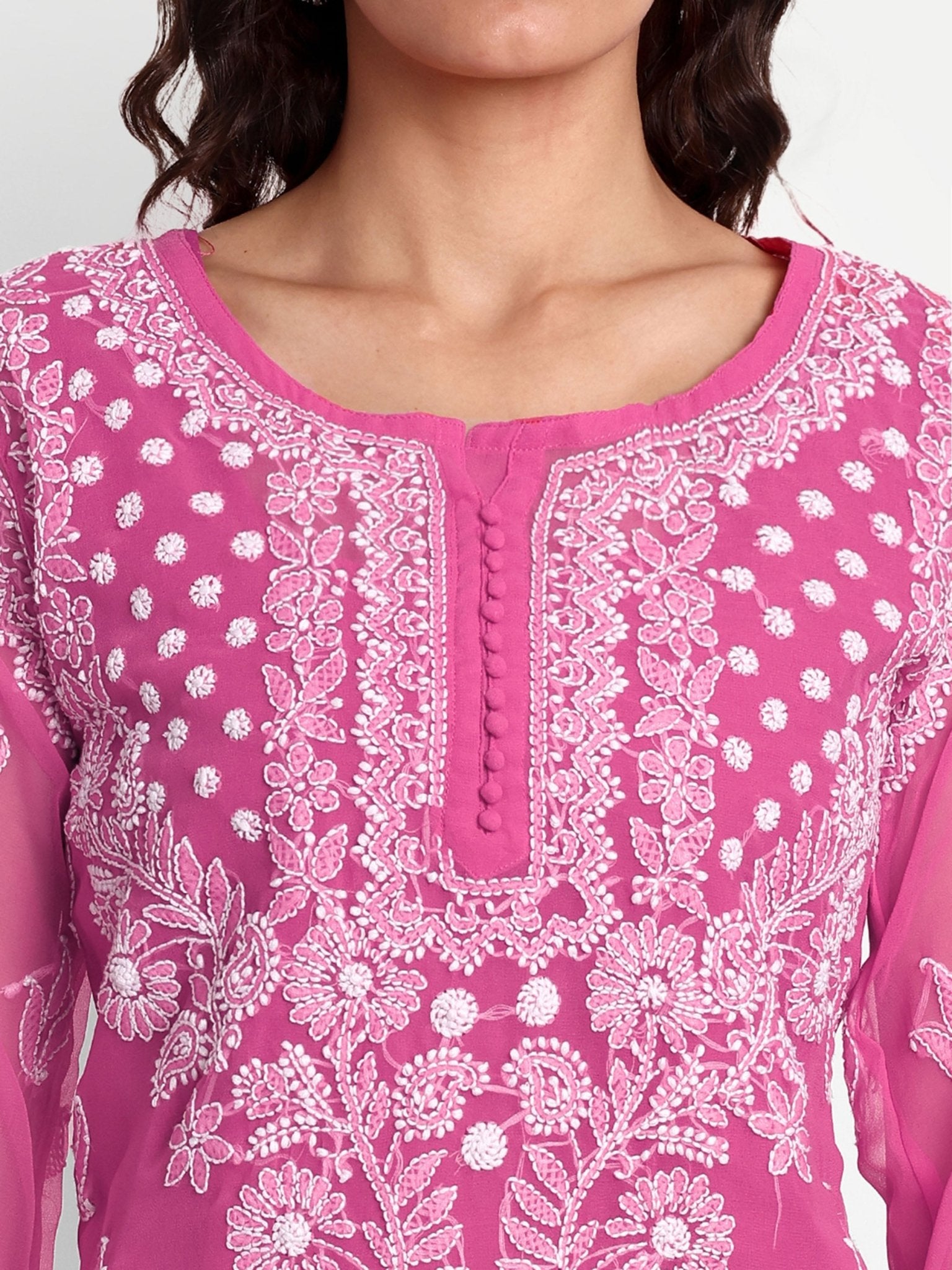 Lucknow Chikankari Hand Embroidered Kurta with Matching Inner, Georgette - Indiankala4u