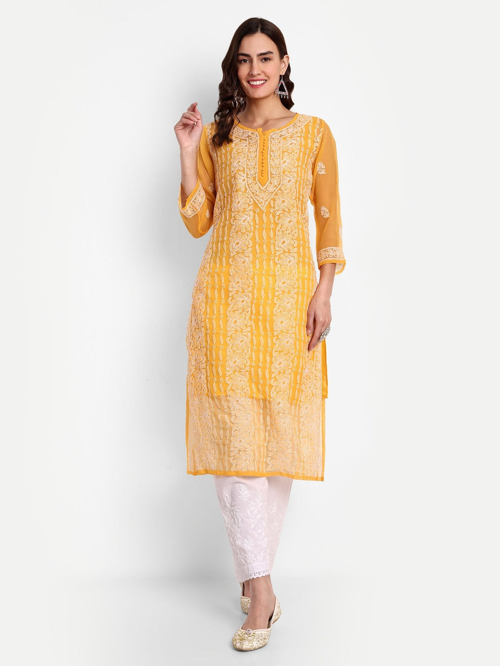 Lucknow Chikankari Hand Embroidered Kurta with Matching Inner, Georgette - Indiankala4u