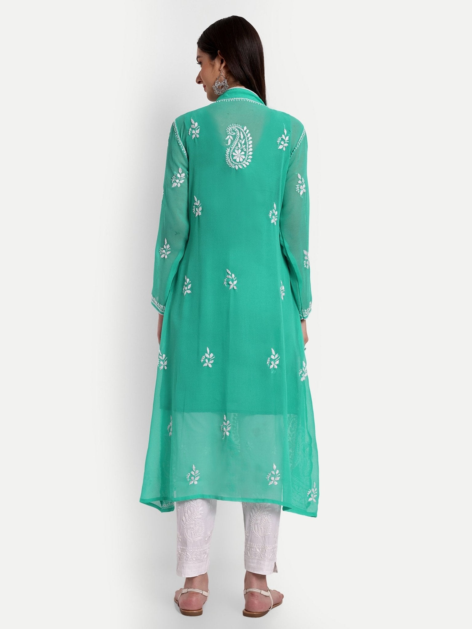 Lucknow Chikankari Hand Embroidered Kurta with Matching Inner, Georgette - Indiankala4u