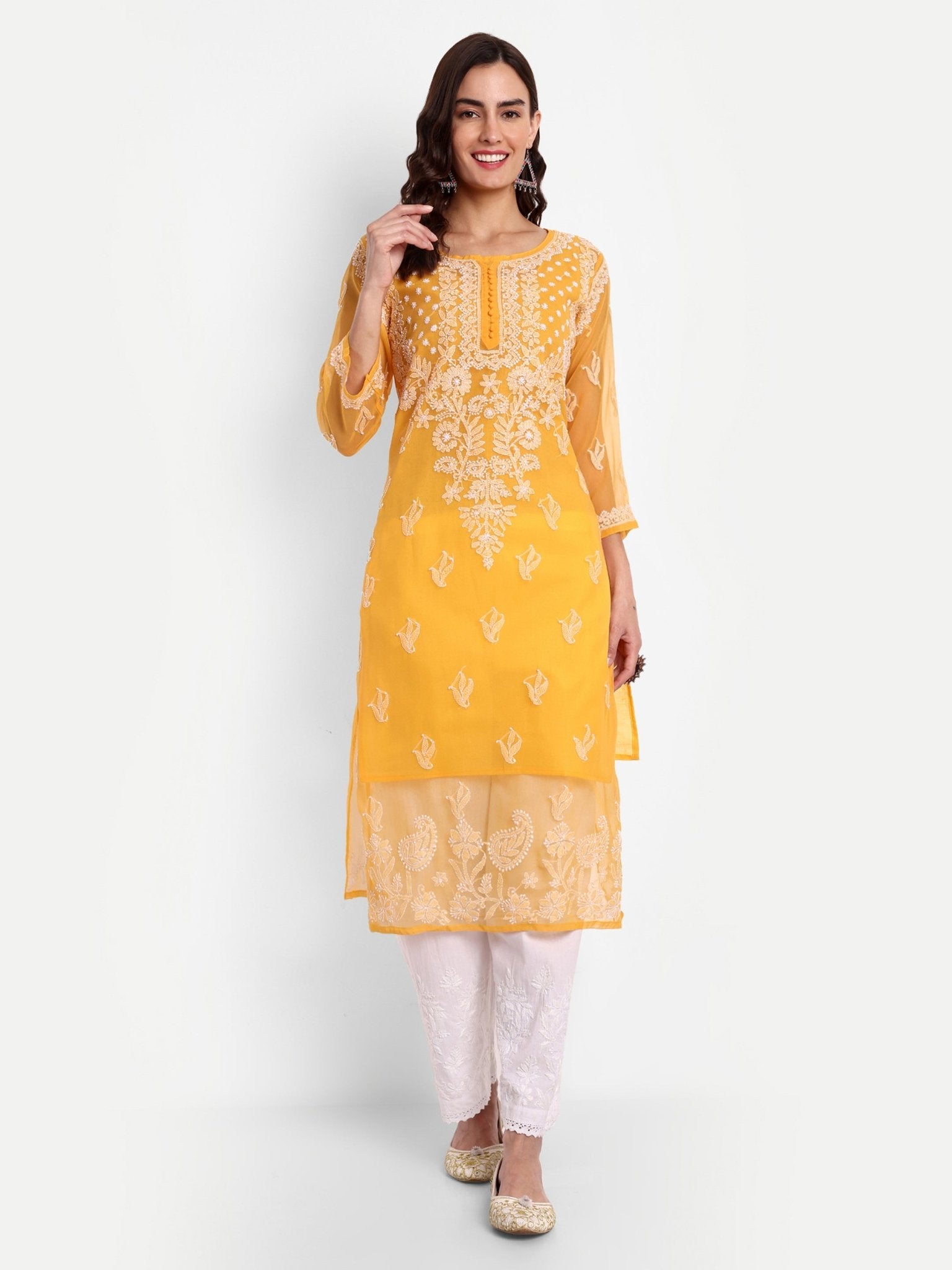 Lucknow Chikankari Hand Embroidered Kurta with Matching Inner, Georgette - Indiankala4u