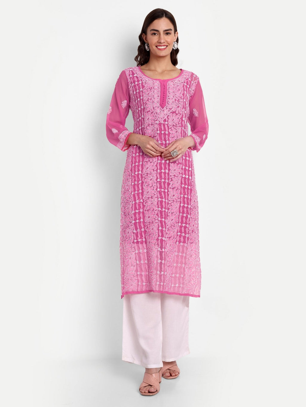 Lucknow Chikankari Hand Embroidered Kurta with Matching Inner, Georgette - Indiankala4u