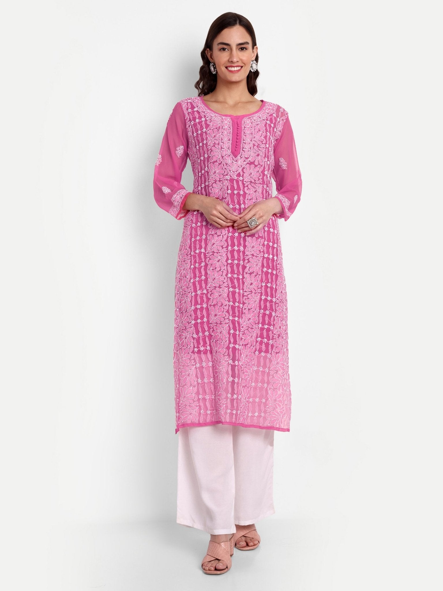 Lucknow Chikankari Hand Embroidered Kurta with Matching Inner, Georgette - Indiankala4u