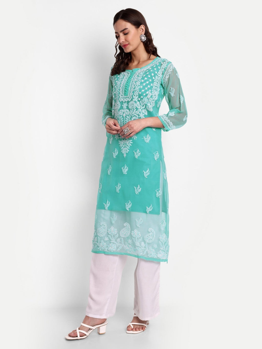Lucknow Chikankari Hand Embroidered Kurta with Matching Inner, Georgette - Indiankala4u