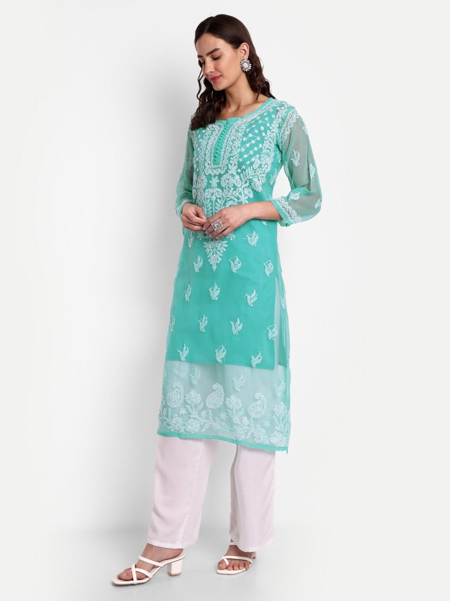 Lucknow Chikankari Hand Embroidered Kurta with Matching Inner, Georgette - Indiankala4u