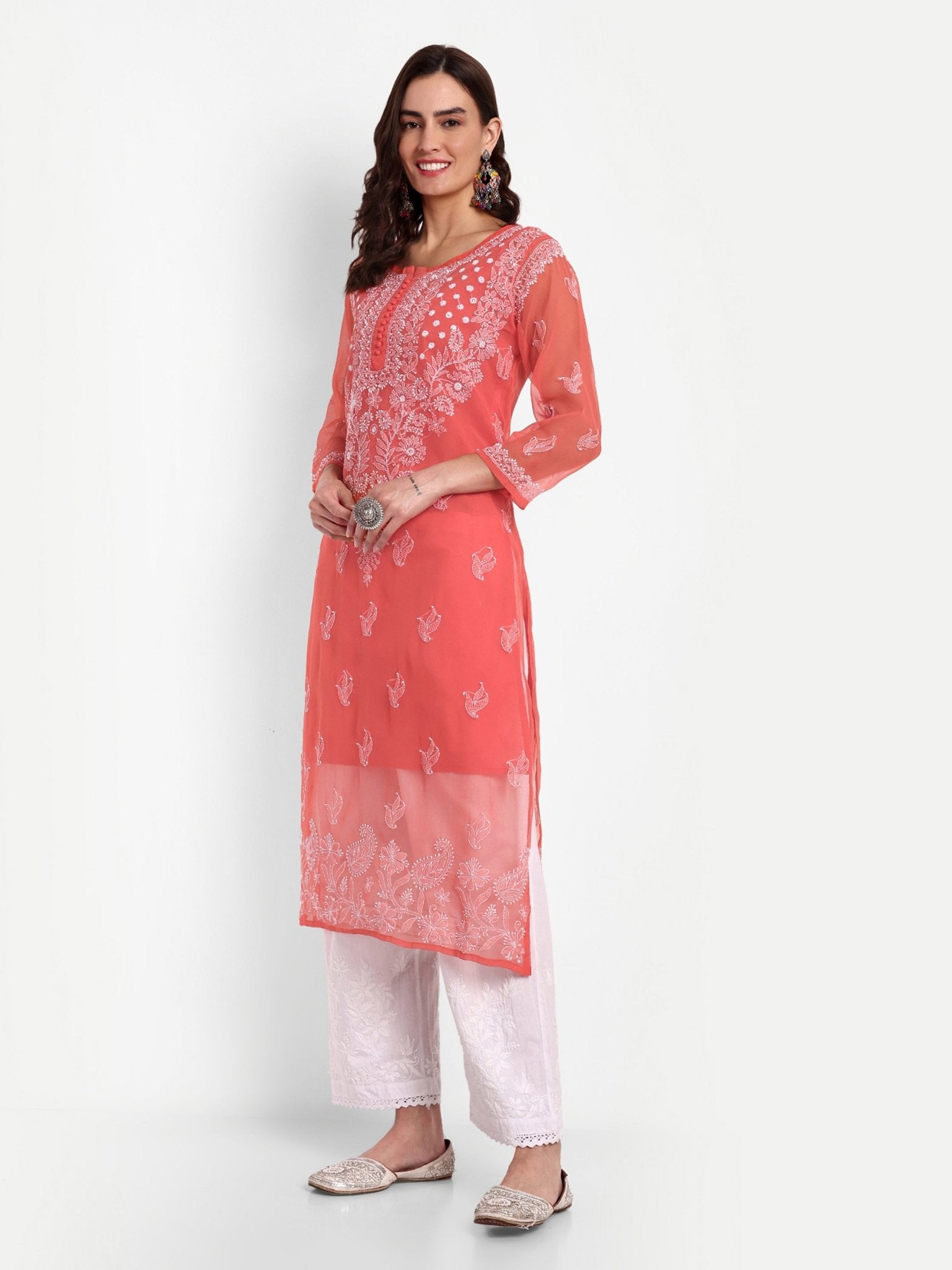 Lucknow Chikankari Hand Embroidered Kurta with Matching Inner, Georgette - Indiankala4u