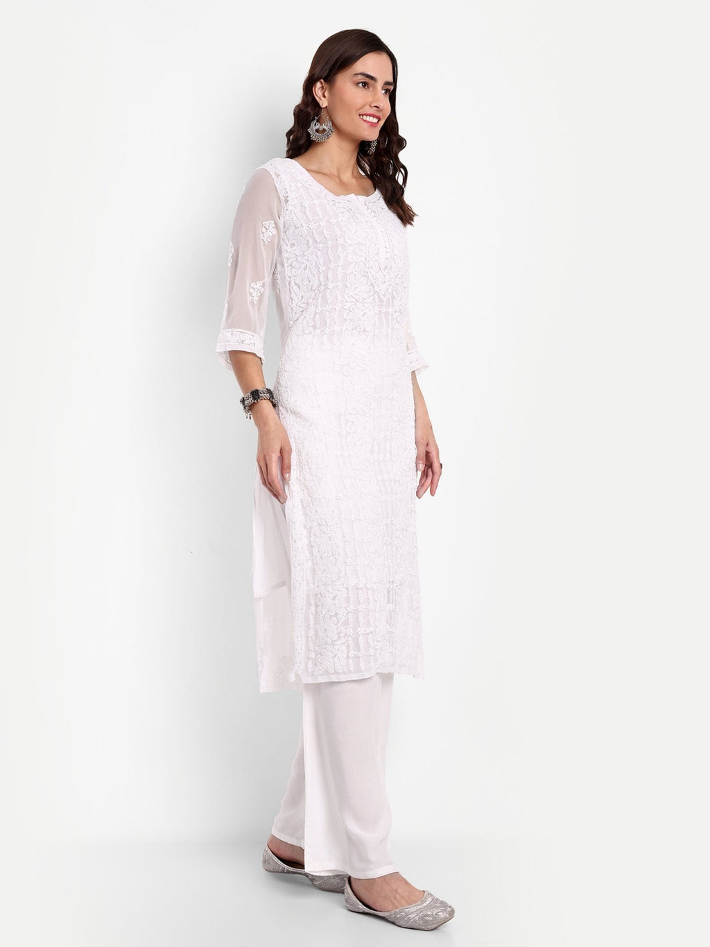 Lucknow Chikankari Hand Embroidered Kurta with Matching Inner, Georgette - Indiankala4u