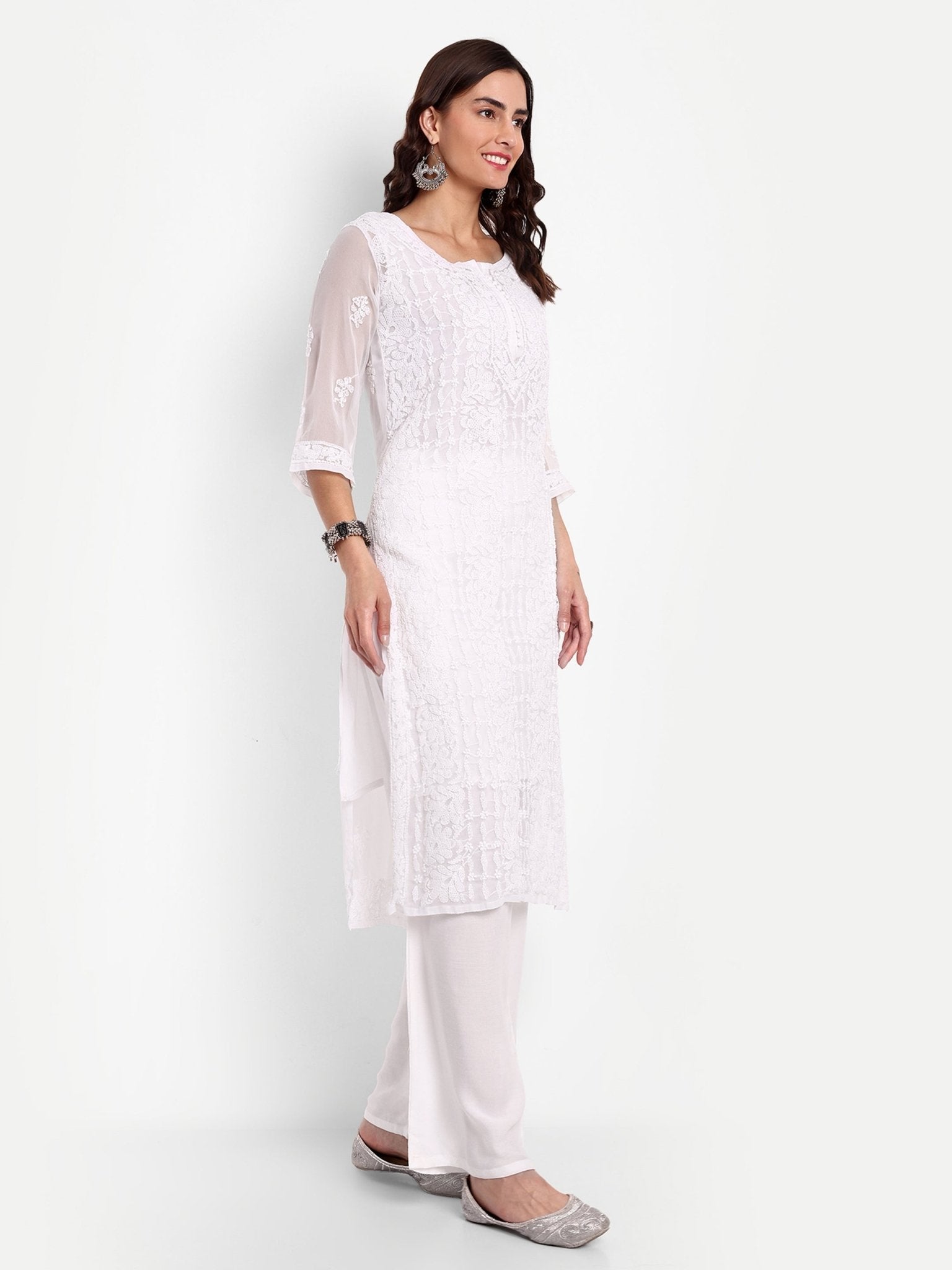 Lucknow Chikankari Hand Embroidered Kurta with Matching Inner, Georgette - Indiankala4u