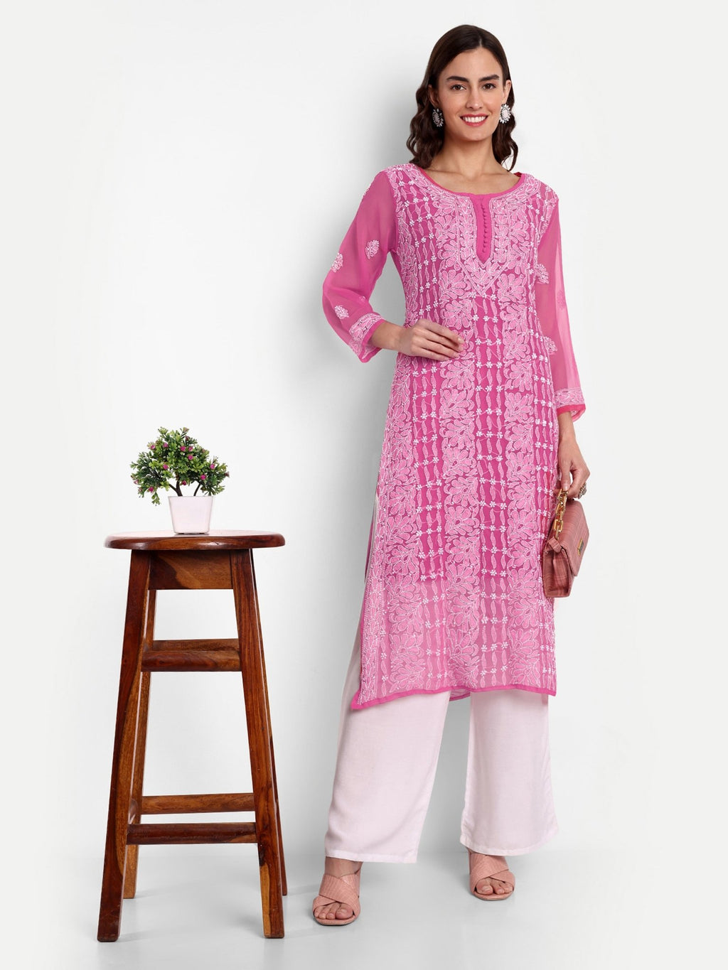 Lucknow Chikankari Hand Embroidered Kurta with Matching Inner, Georgette - Indiankala4u