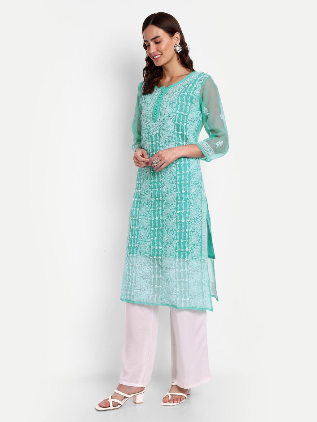 Lucknow Chikankari Hand Embroidered Kurta with Matching Inner, Georgette - Indiankala4u