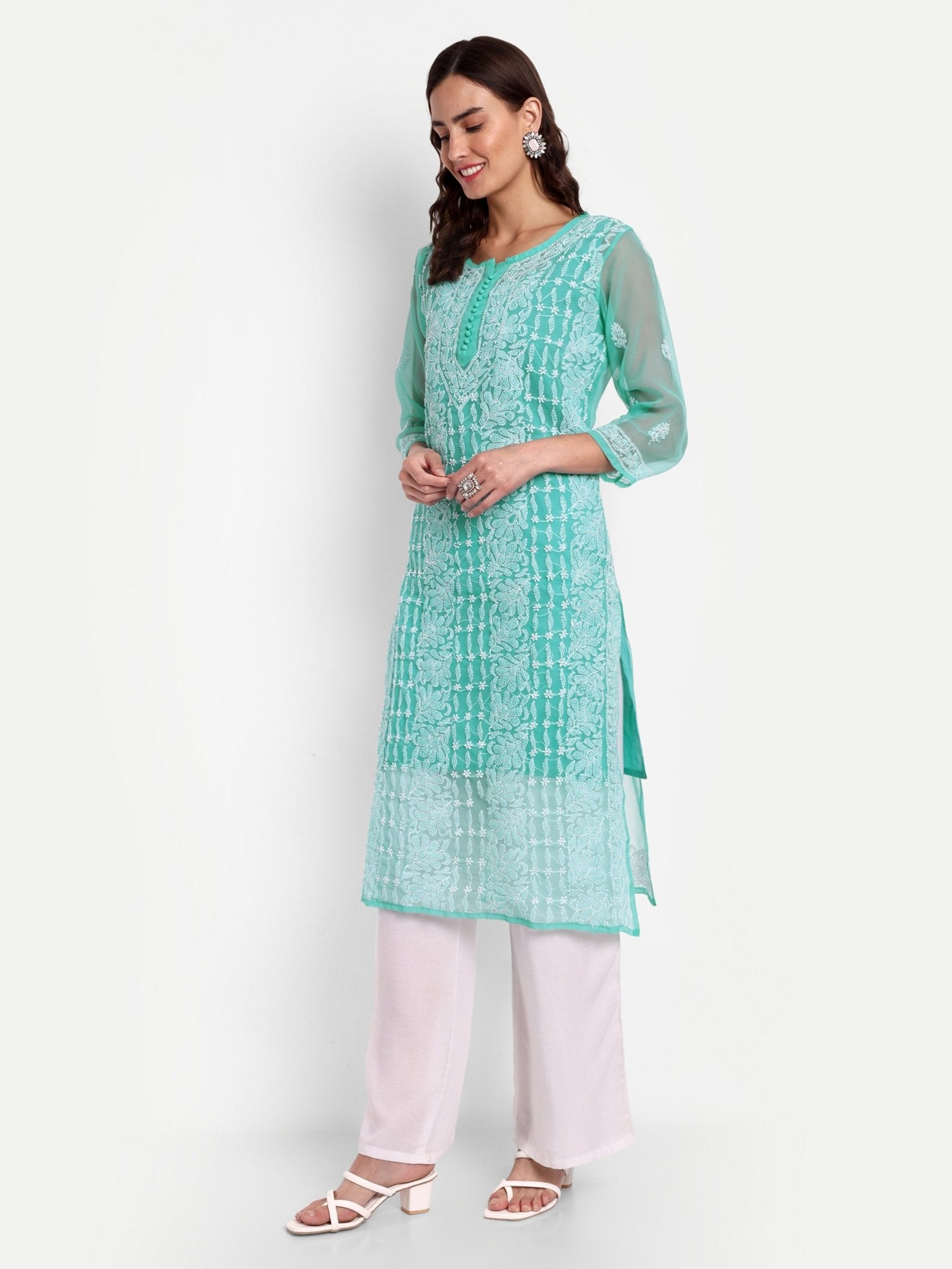 Lucknow Chikankari Hand Embroidered Kurta with Matching Inner, Georgette - Indiankala4u