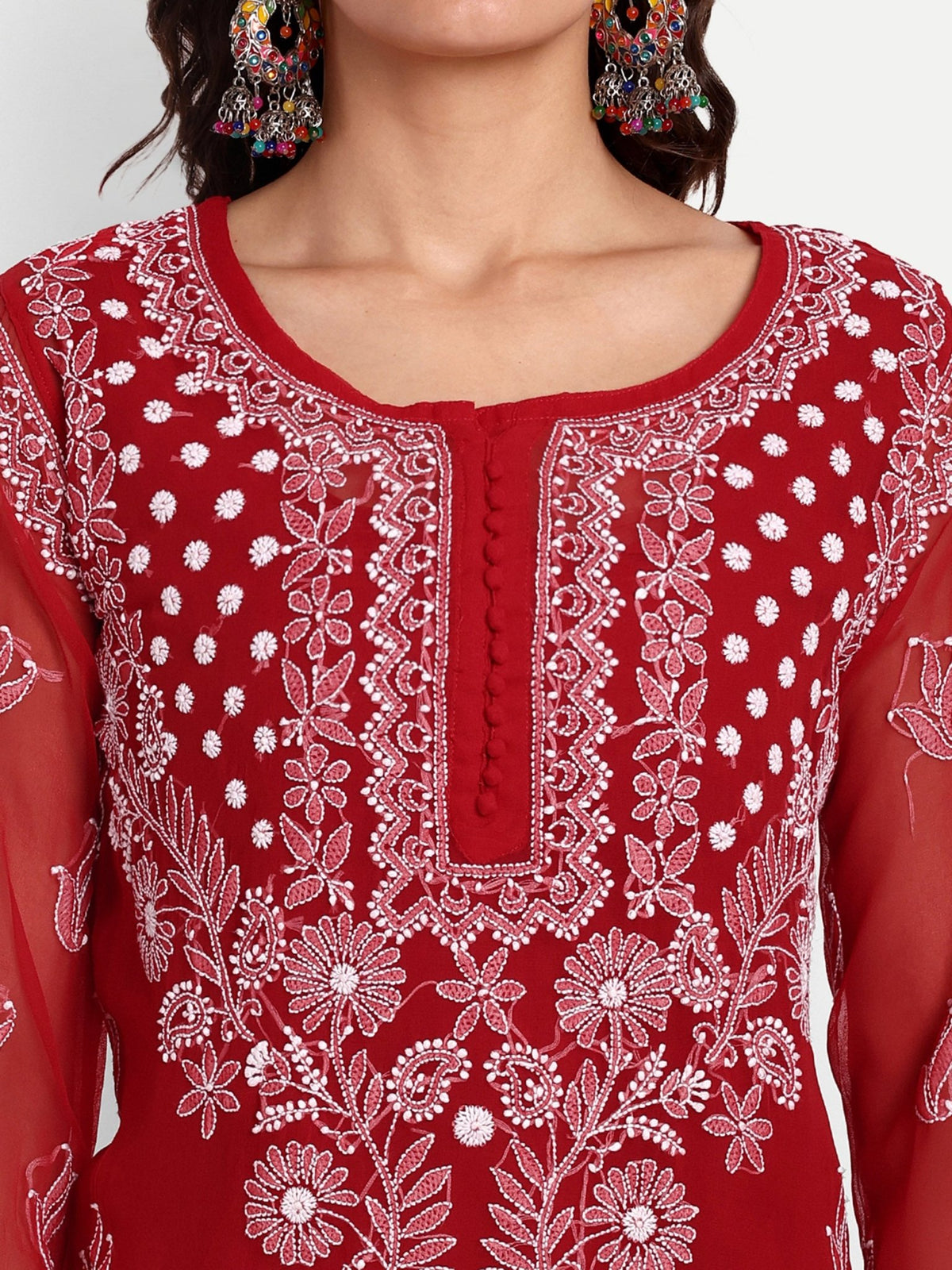 Lucknow Chikankari Hand Embroidered Kurta with Matching Inner, Georgette - Indiankala4u