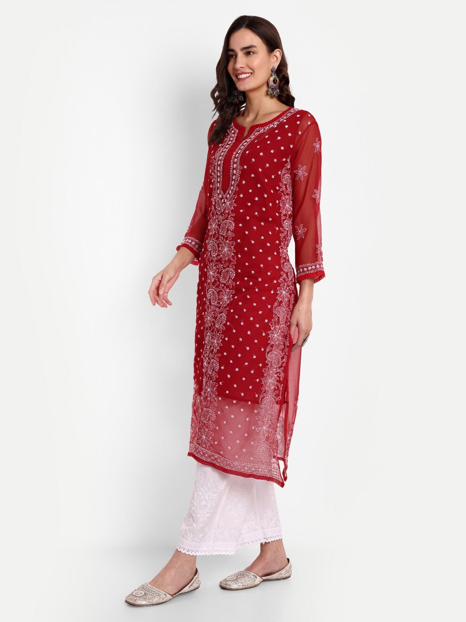 Lucknow Chikankari Hand Embroidered Kurta with Matching Inner, Georgette - Indiankala4u