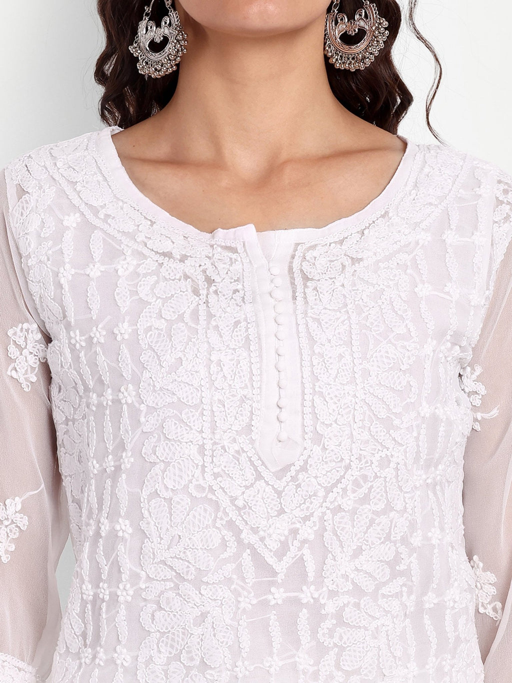 Lucknow Chikankari Hand Embroidered Kurta with Matching Inner, Georgette - Indiankala4u