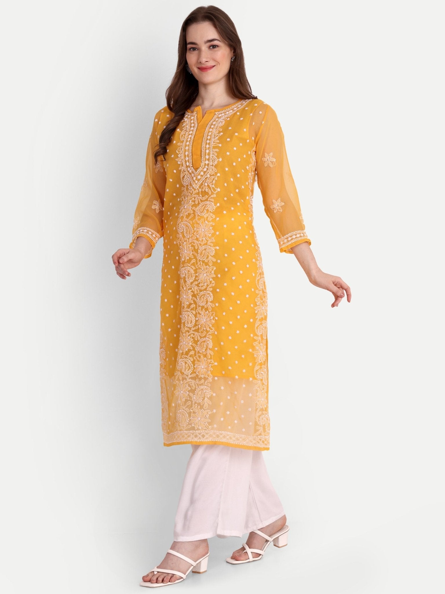 Lucknow Chikankari Hand Embroidered Kurta with Matching Inner, Georgette - Indiankala4u