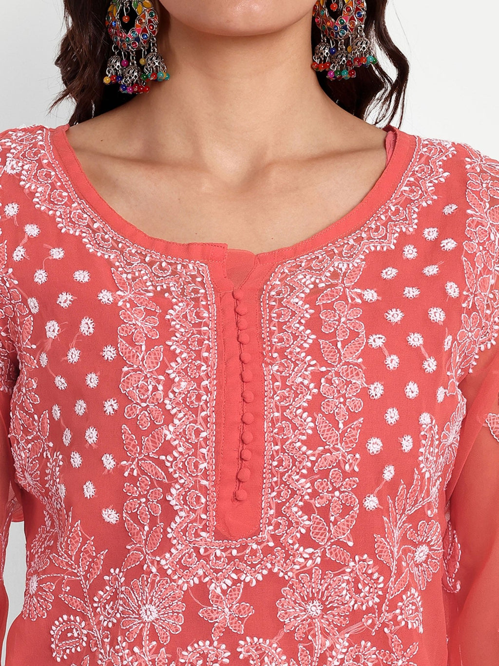 Lucknow Chikankari Hand Embroidered Kurta with Matching Inner, Georgette - Indiankala4u