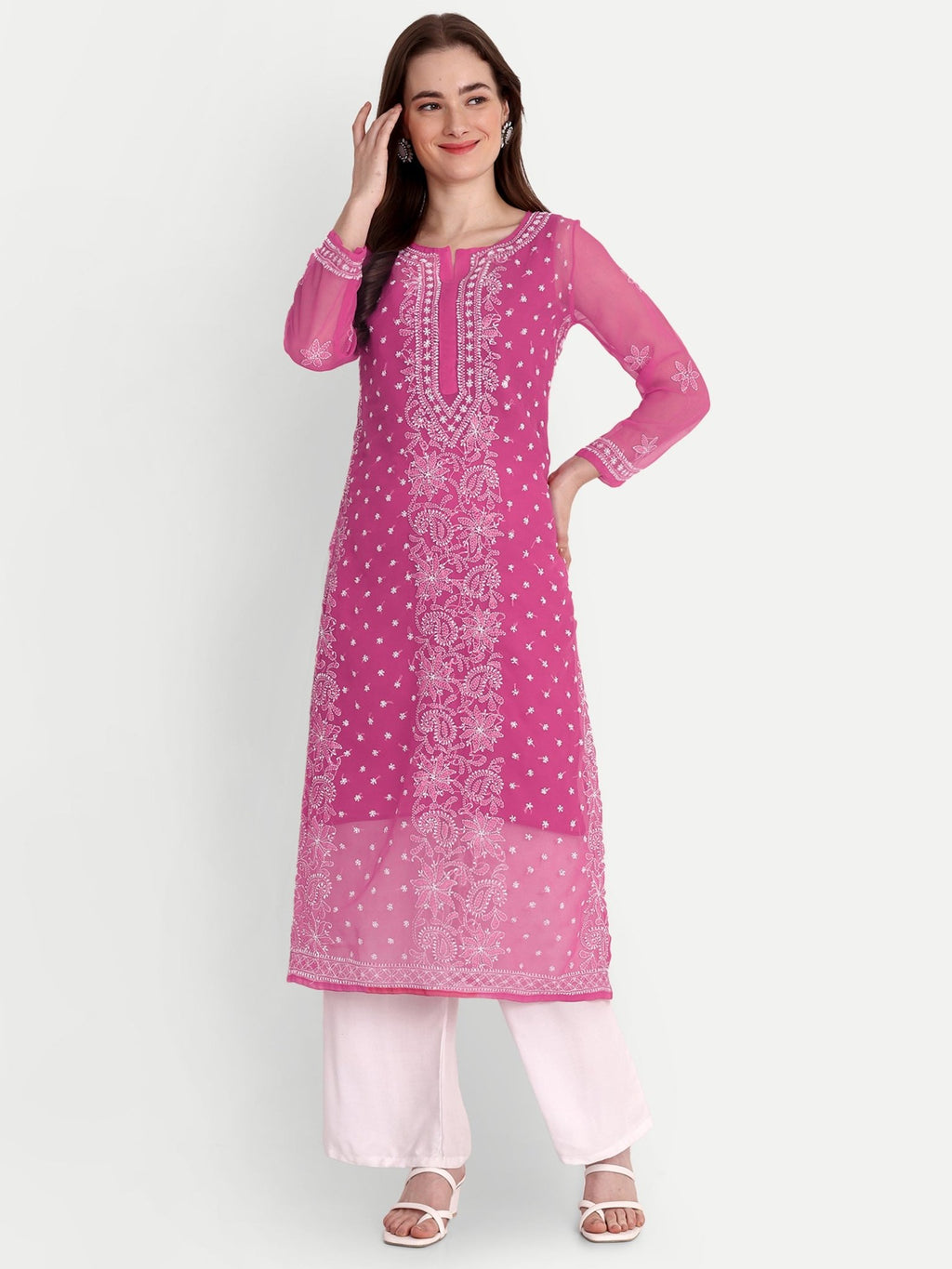 Lucknow Chikankari Hand Embroidered Kurta with Matching Inner, Georgette - Indiankala4u