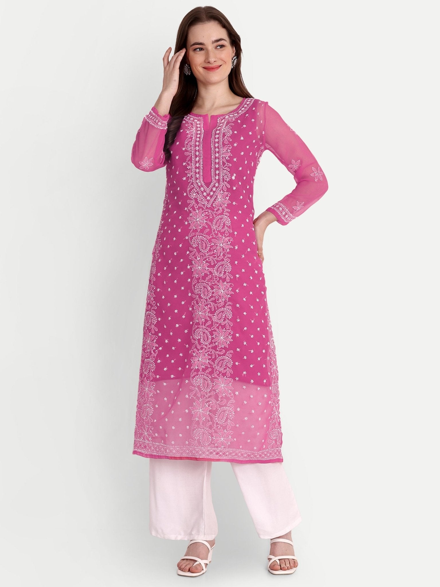 Lucknow Chikankari Hand Embroidered Kurta with Matching Inner, Georgette - Indiankala4u