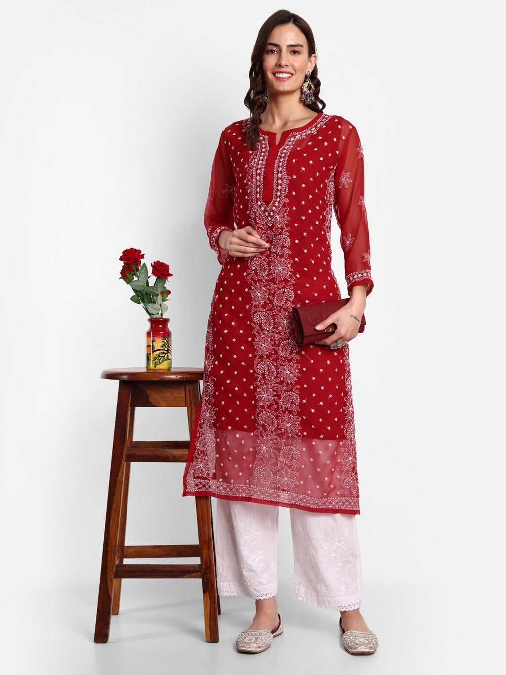 Lucknow Chikankari Hand Embroidered Kurta with Matching Inner, Georgette - Indiankala4u