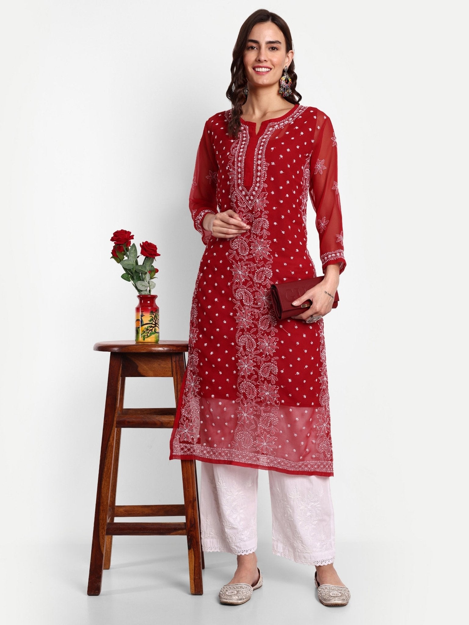 Lucknow Chikankari Hand Embroidered Kurta with Matching Inner, Georgette - Indiankala4u