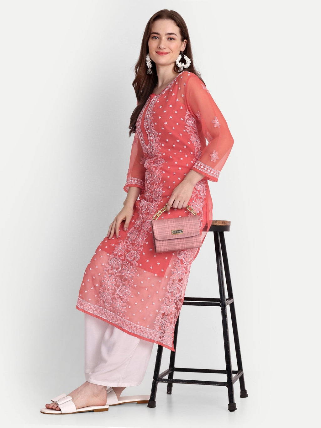 Lucknow Chikankari Hand Embroidered Kurta with Matching Inner, Georgette - Indiankala4u