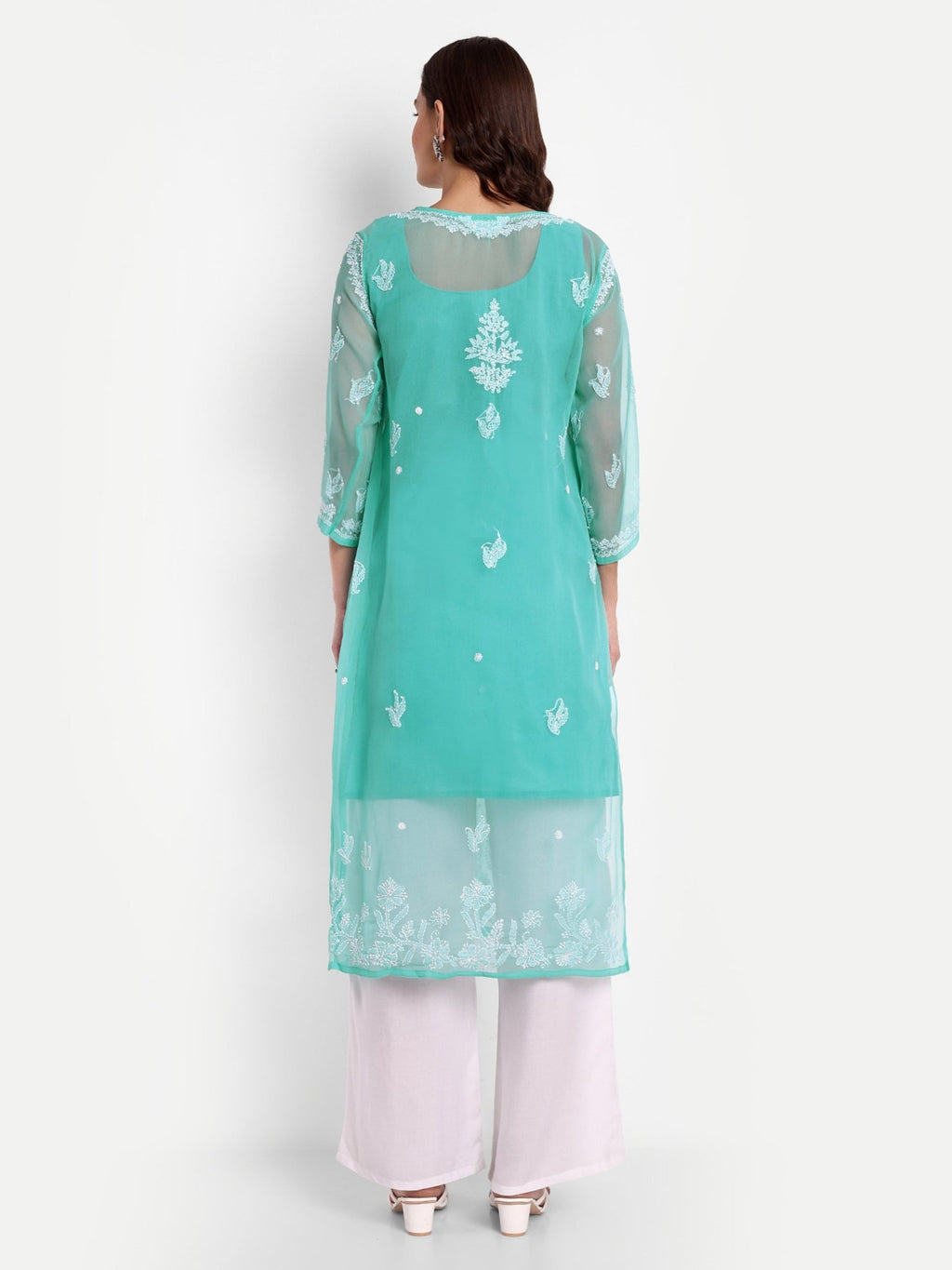 Lucknow Chikankari Hand Embroidered Kurta with Matching Inner, Georgette - Indiankala4u
