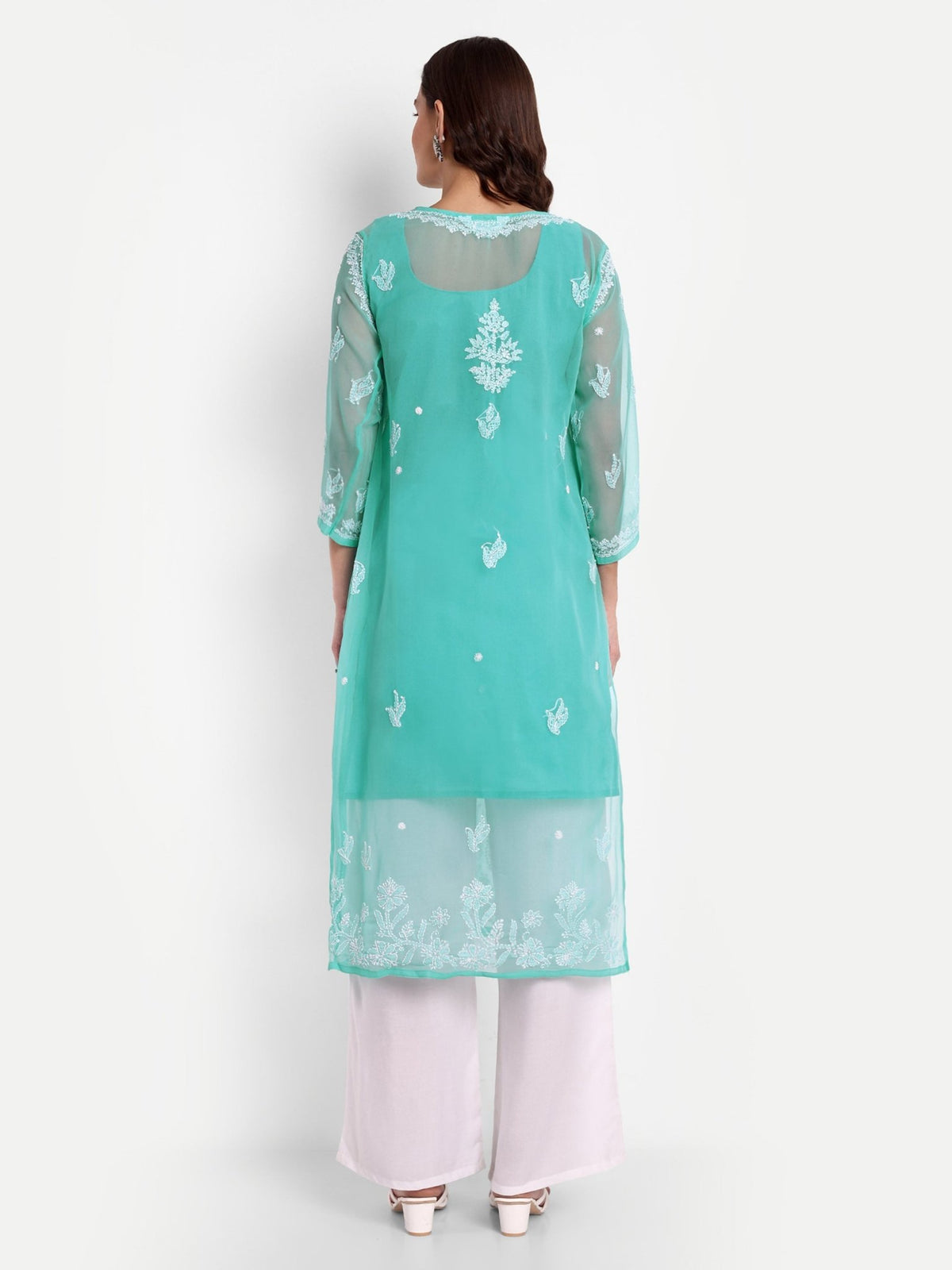 Lucknow Chikankari Hand Embroidered Kurta with Matching Inner, Georgette - Indiankala4u