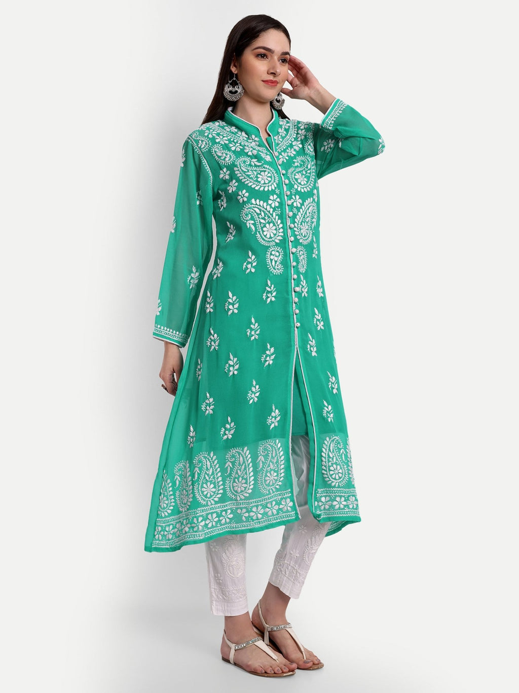 Lucknow Chikankari Hand Embroidered Kurta with Matching Inner, Georgette - Indiankala4u