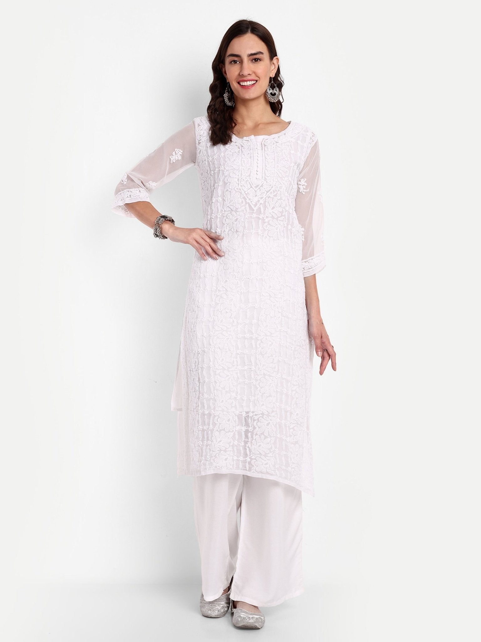 Lucknow Chikankari Hand Embroidered Kurta with Matching Inner, Georgette - Indiankala4u