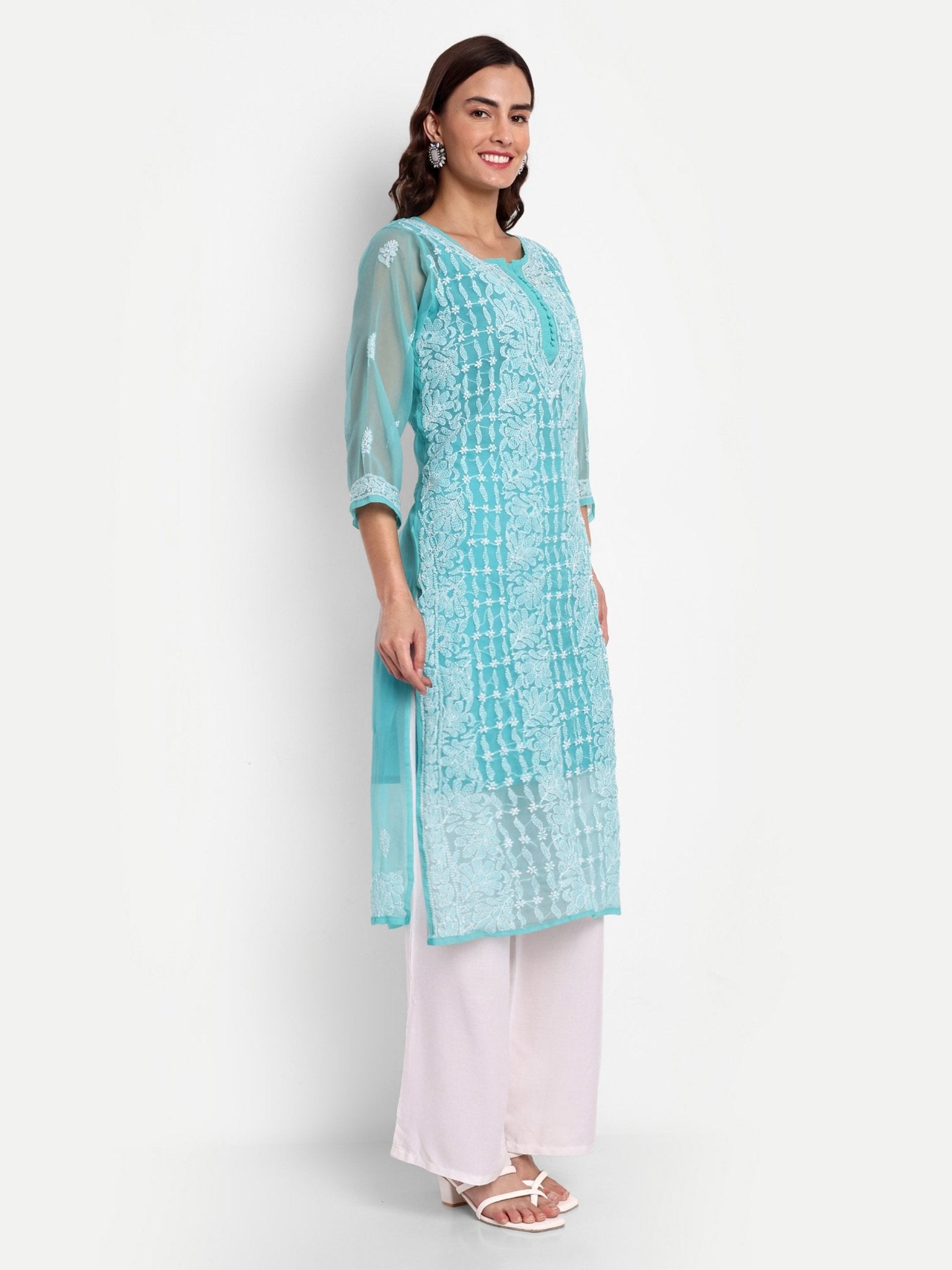Lucknow Chikankari Hand Embroidered Kurta with Matching Inner, Georgette - Indiankala4u