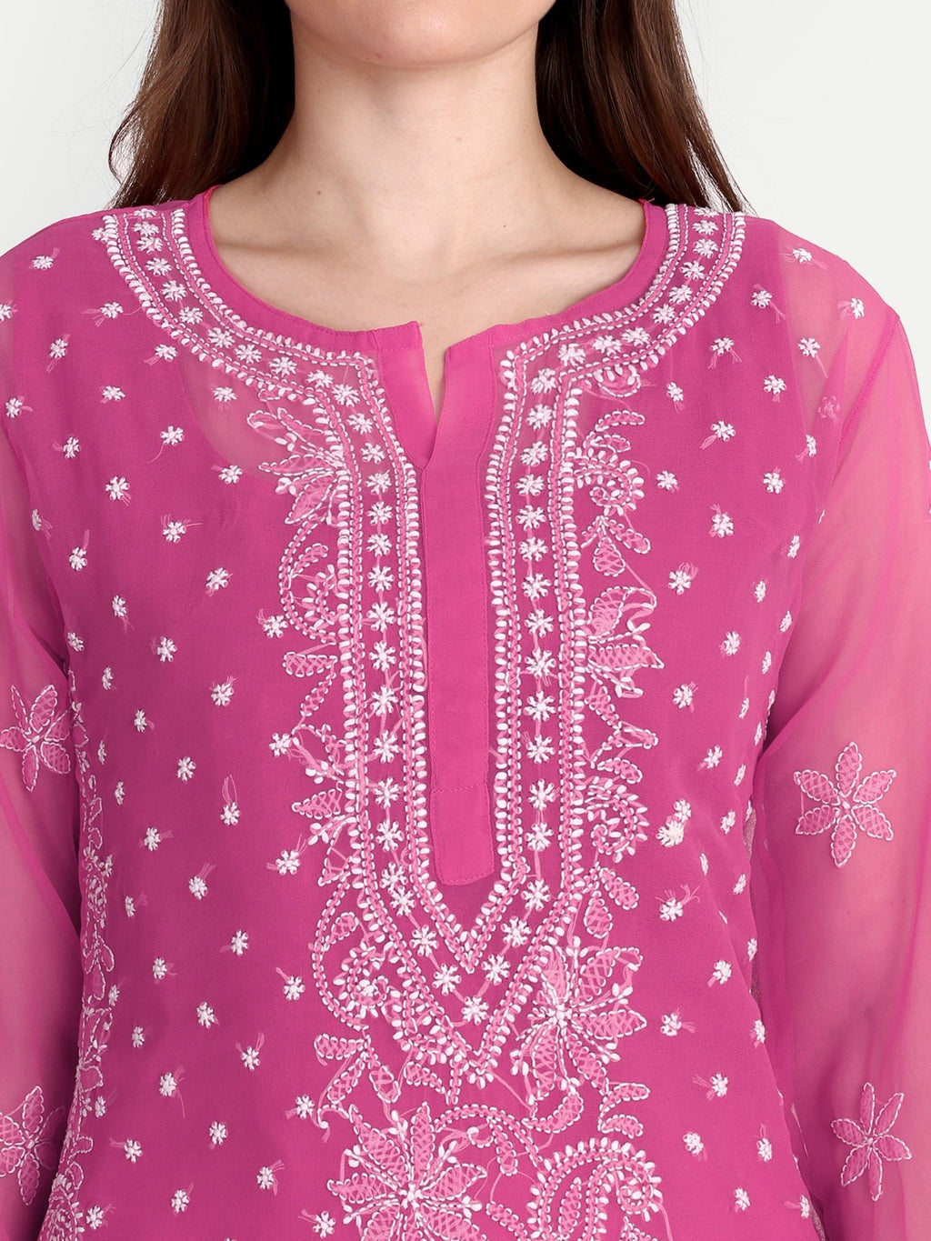 Lucknow Chikankari Hand Embroidered Kurta with Matching Inner, Georgette - Indiankala4u