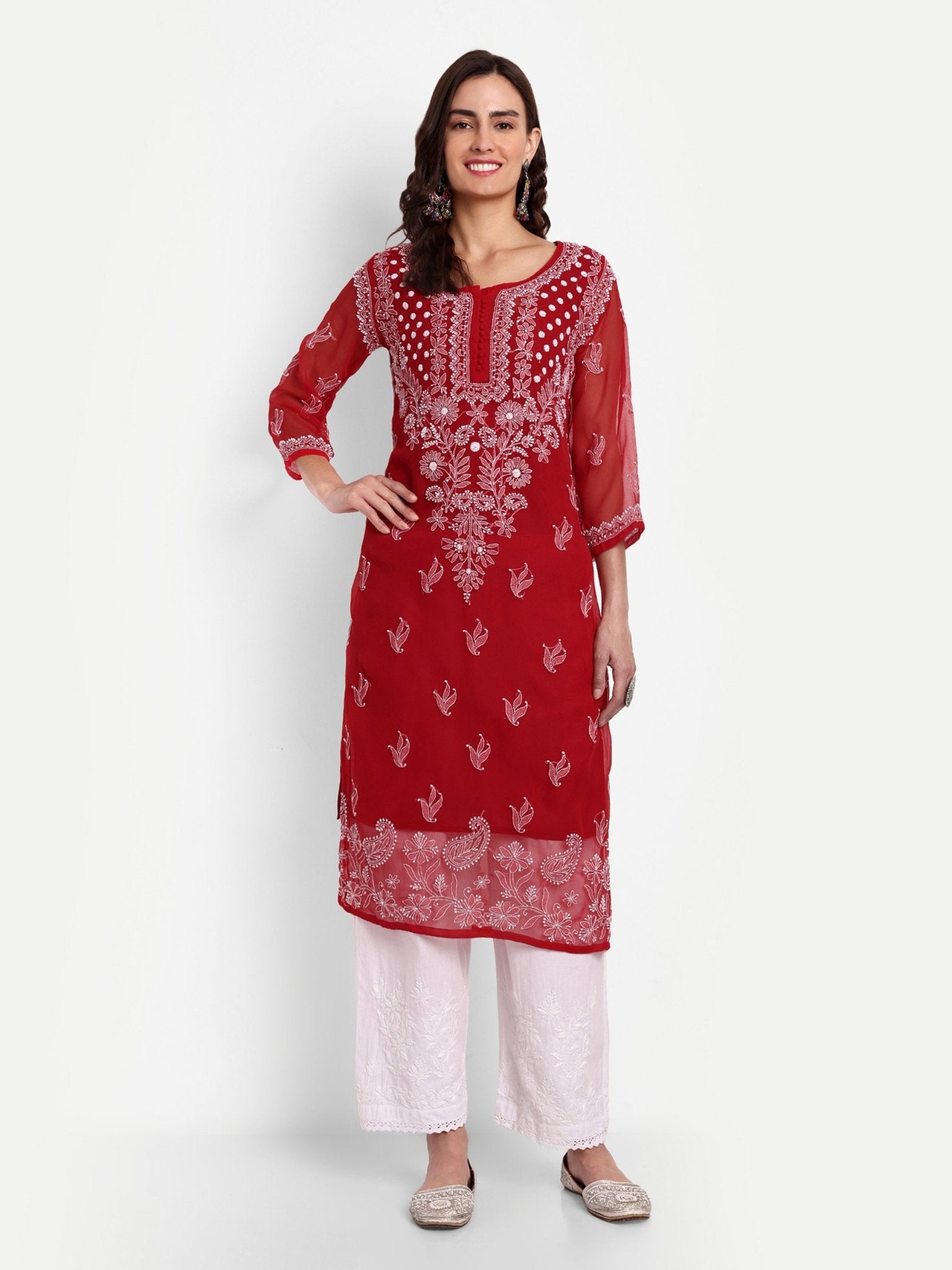 Lucknow Chikankari Hand Embroidered Kurta with Matching Inner, Georgette - Indiankala4u
