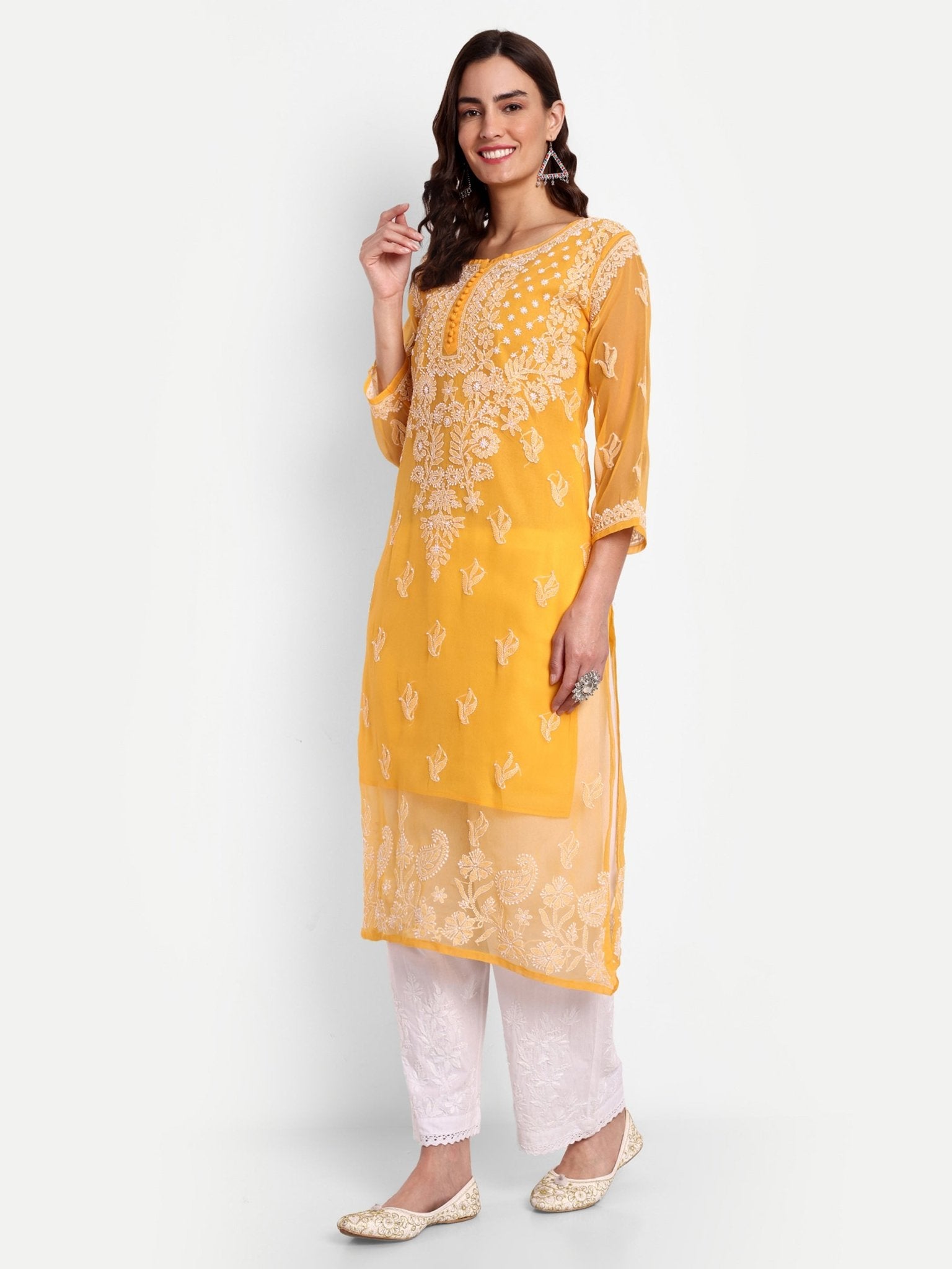 Lucknow Chikankari Hand Embroidered Kurta with Matching Inner, Georgette - Indiankala4u