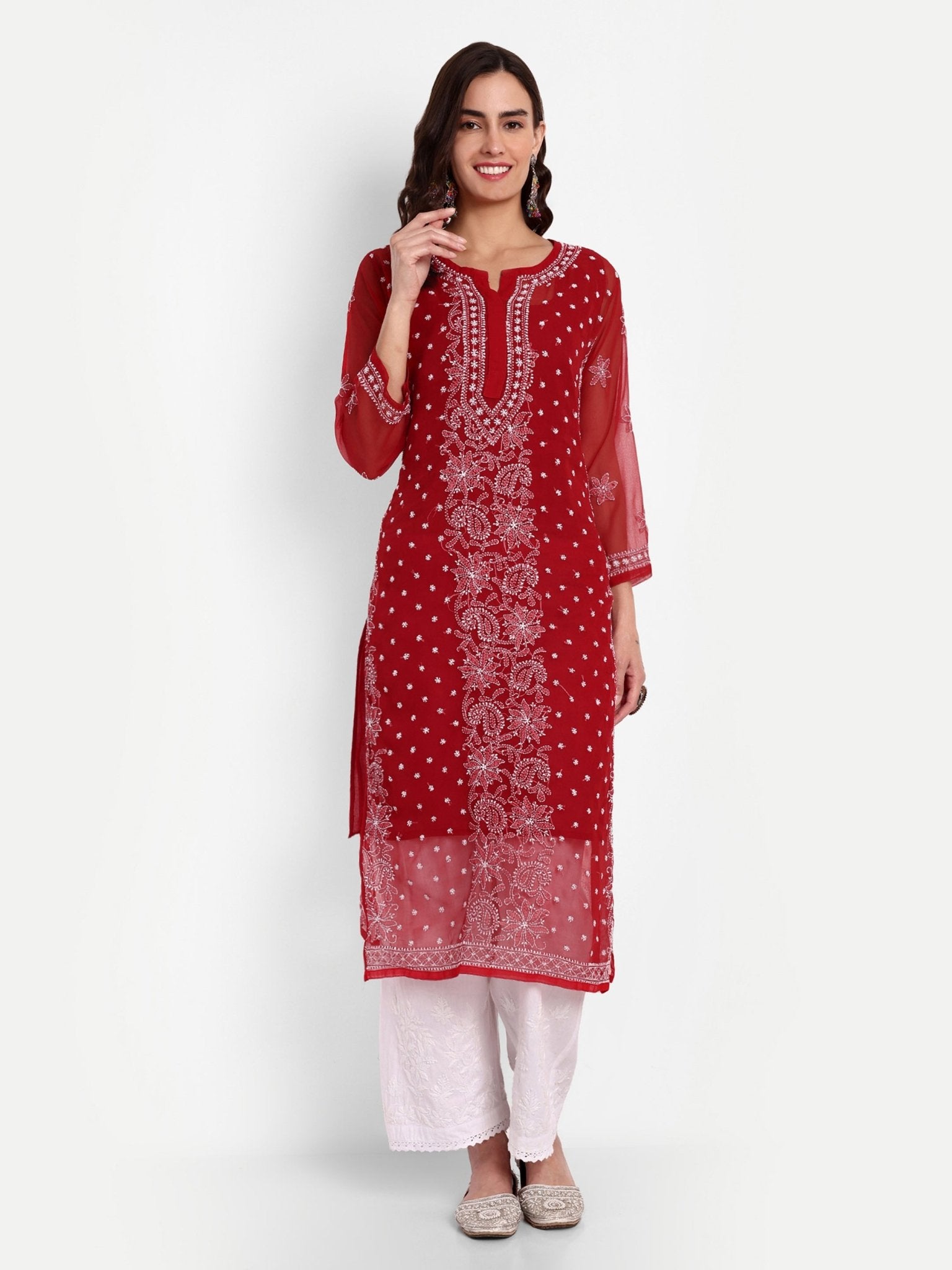 Lucknow Chikankari Hand Embroidered Kurta with Matching Inner, Georgette - Indiankala4u