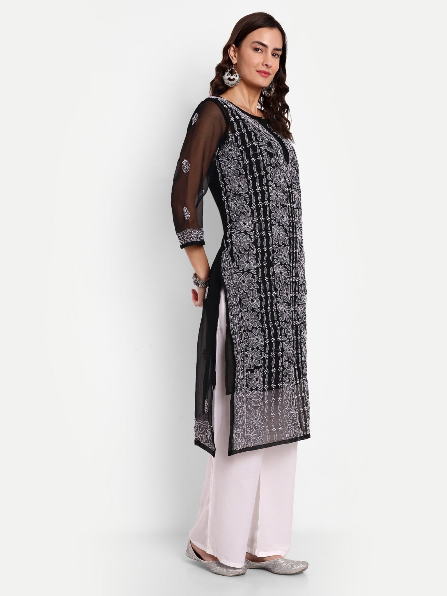 Lucknow Chikankari Hand Embroidered Kurta with Matching Inner, Georgette - Indiankala4u