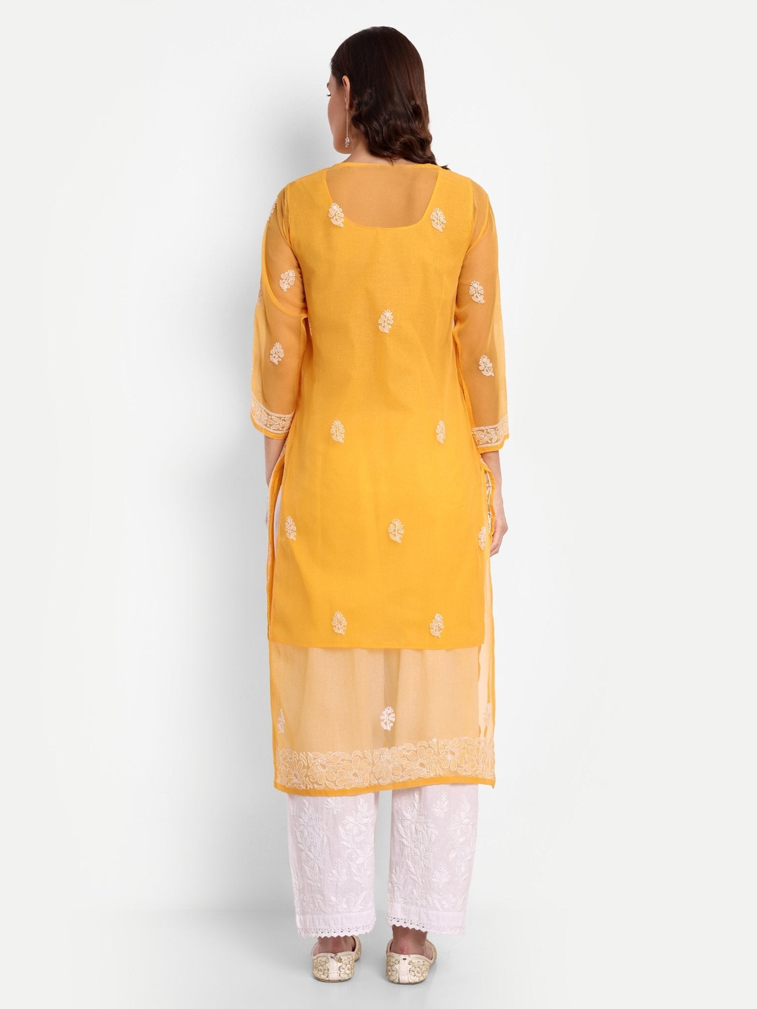 Lucknow Chikankari Hand Embroidered Kurta with Matching Inner, Georgette - Indiankala4u
