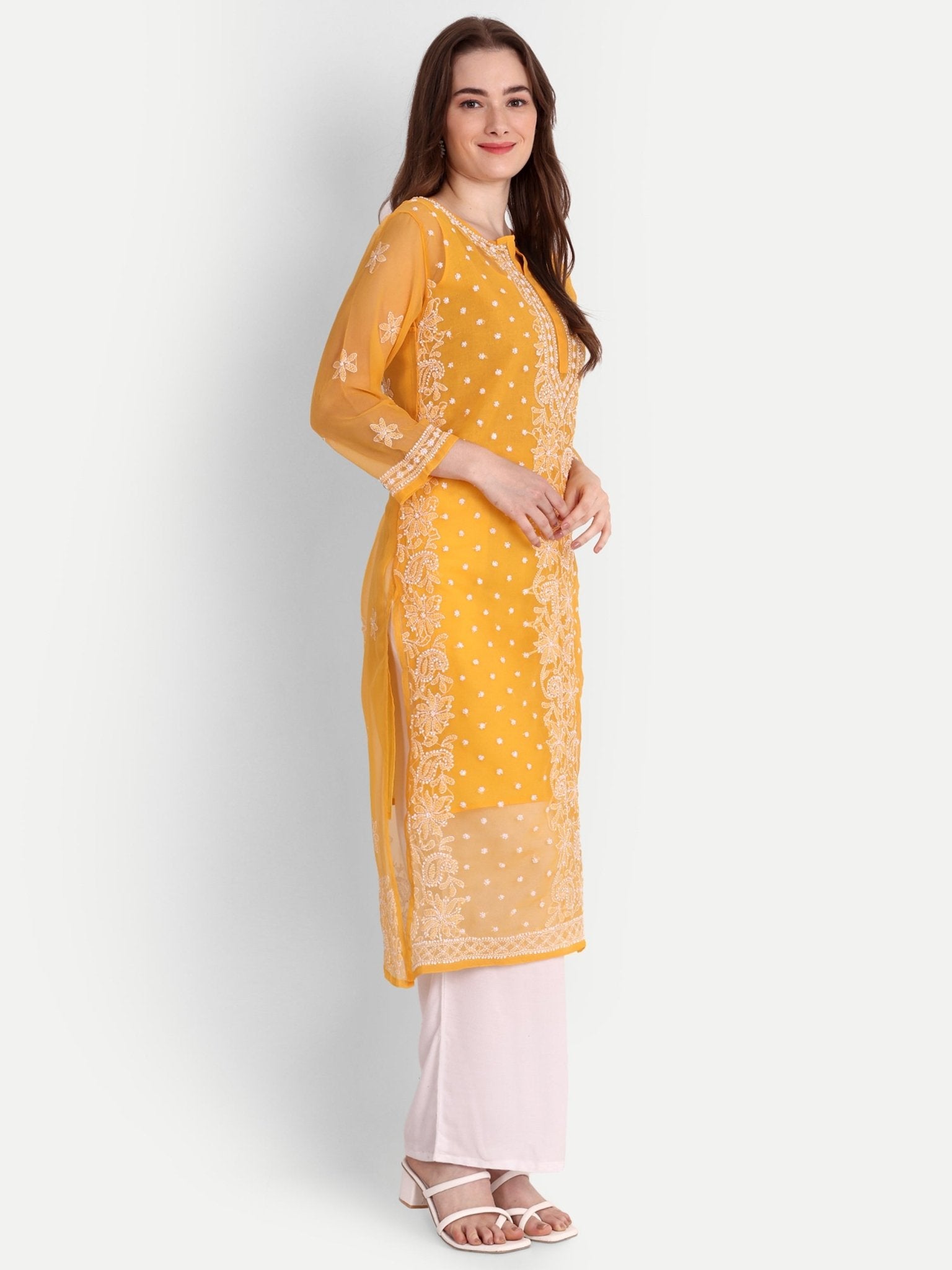 Lucknow Chikankari Hand Embroidered Kurta with Matching Inner, Georgette - Indiankala4u