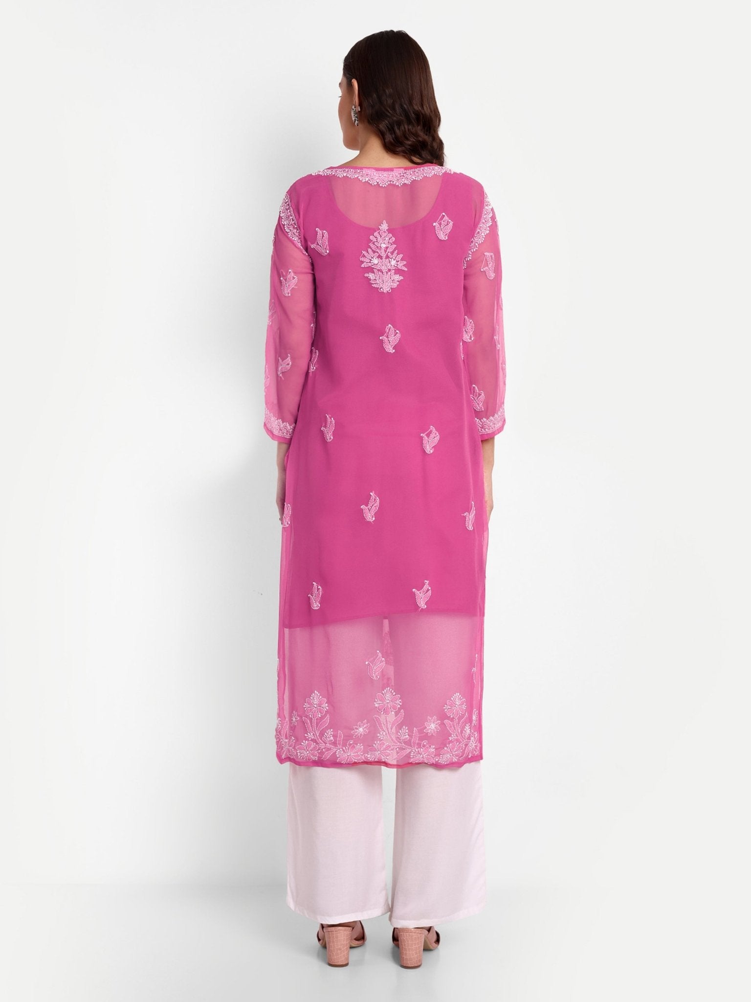 Lucknow Chikankari Hand Embroidered Kurta with Matching Inner, Georgette - Indiankala4u