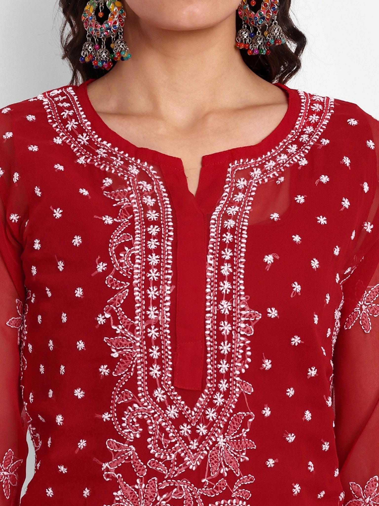 Lucknow Chikankari Hand Embroidered Kurta with Matching Inner, Georgette - Indiankala4u
