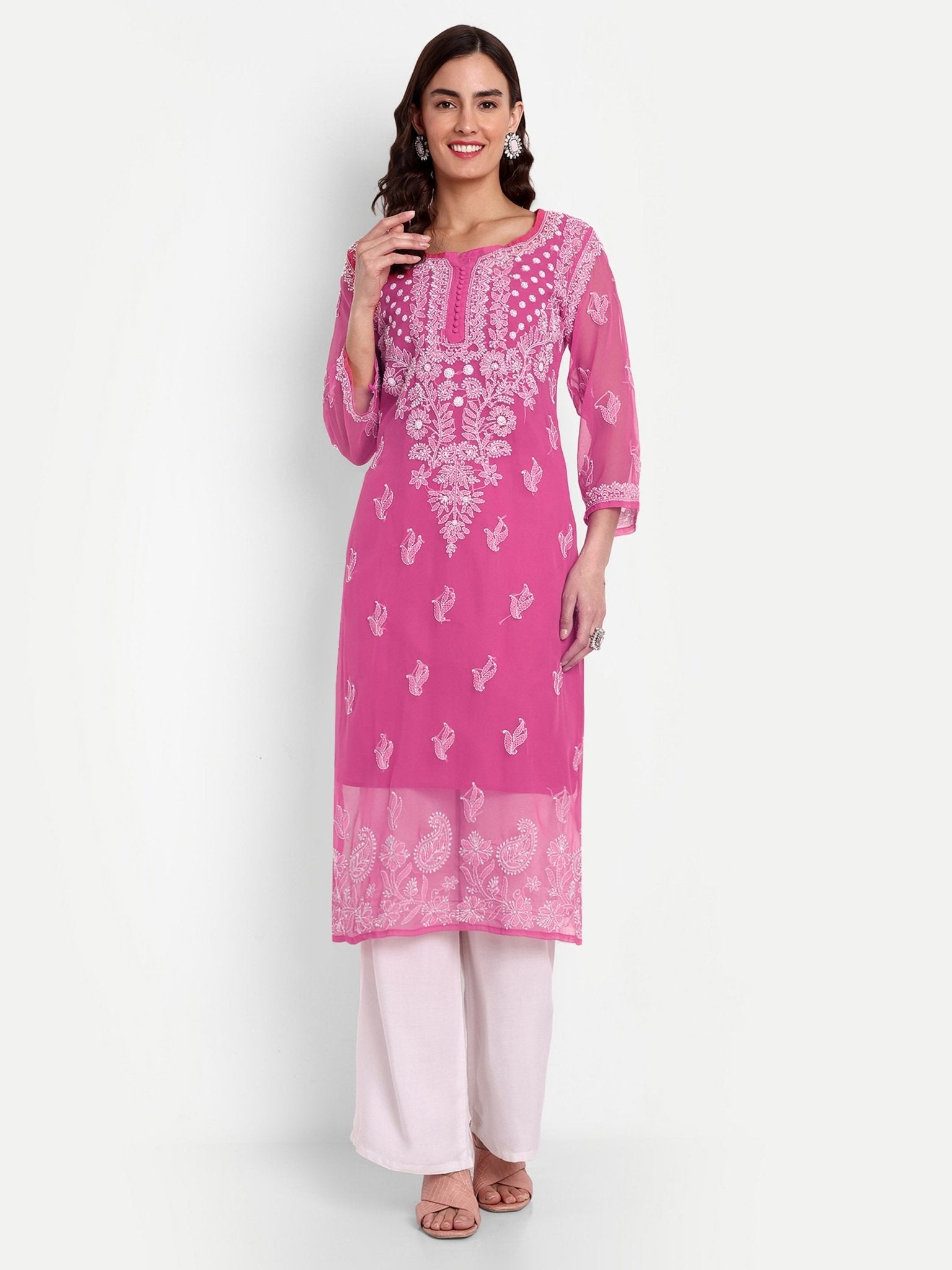 Lucknow Chikankari Hand Embroidered Kurta with Matching Inner, Georgette - Indiankala4u