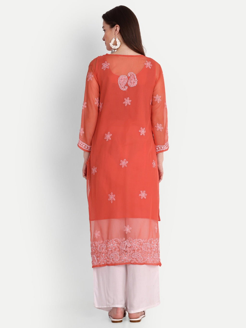 Lucknow Chikankari Hand Embroidered Kurta with Matching Inner, Georgette - Indiankala4u