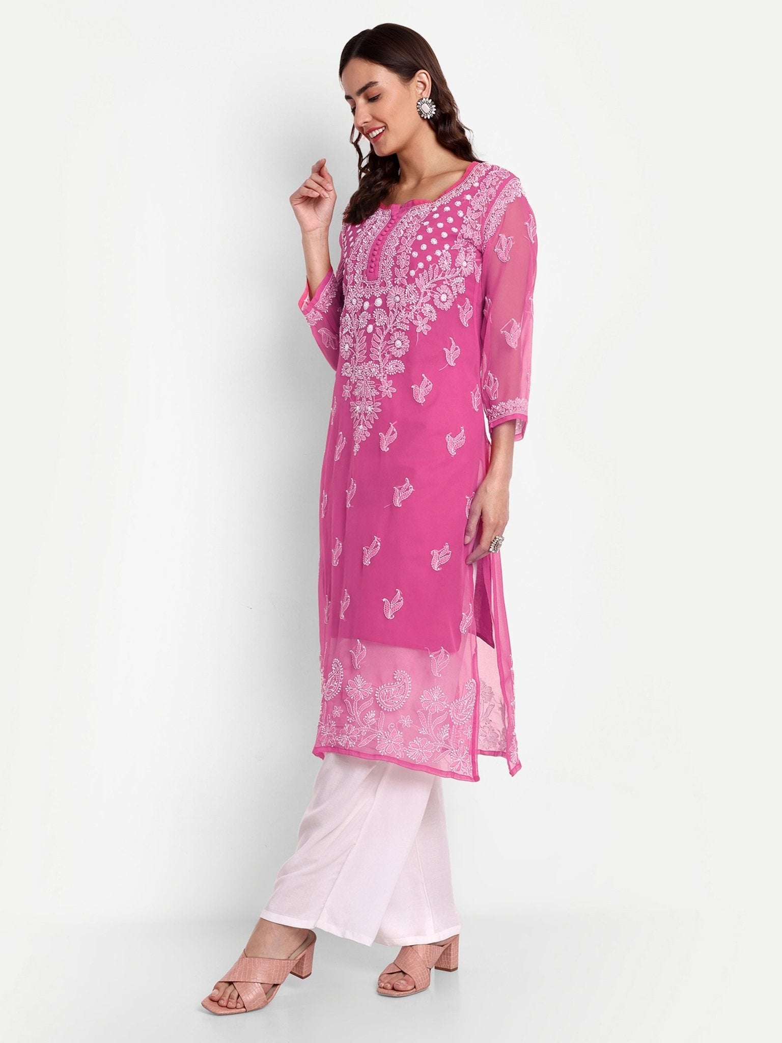 Lucknow Chikankari Hand Embroidered Kurta with Matching Inner, Georgette - Indiankala4u