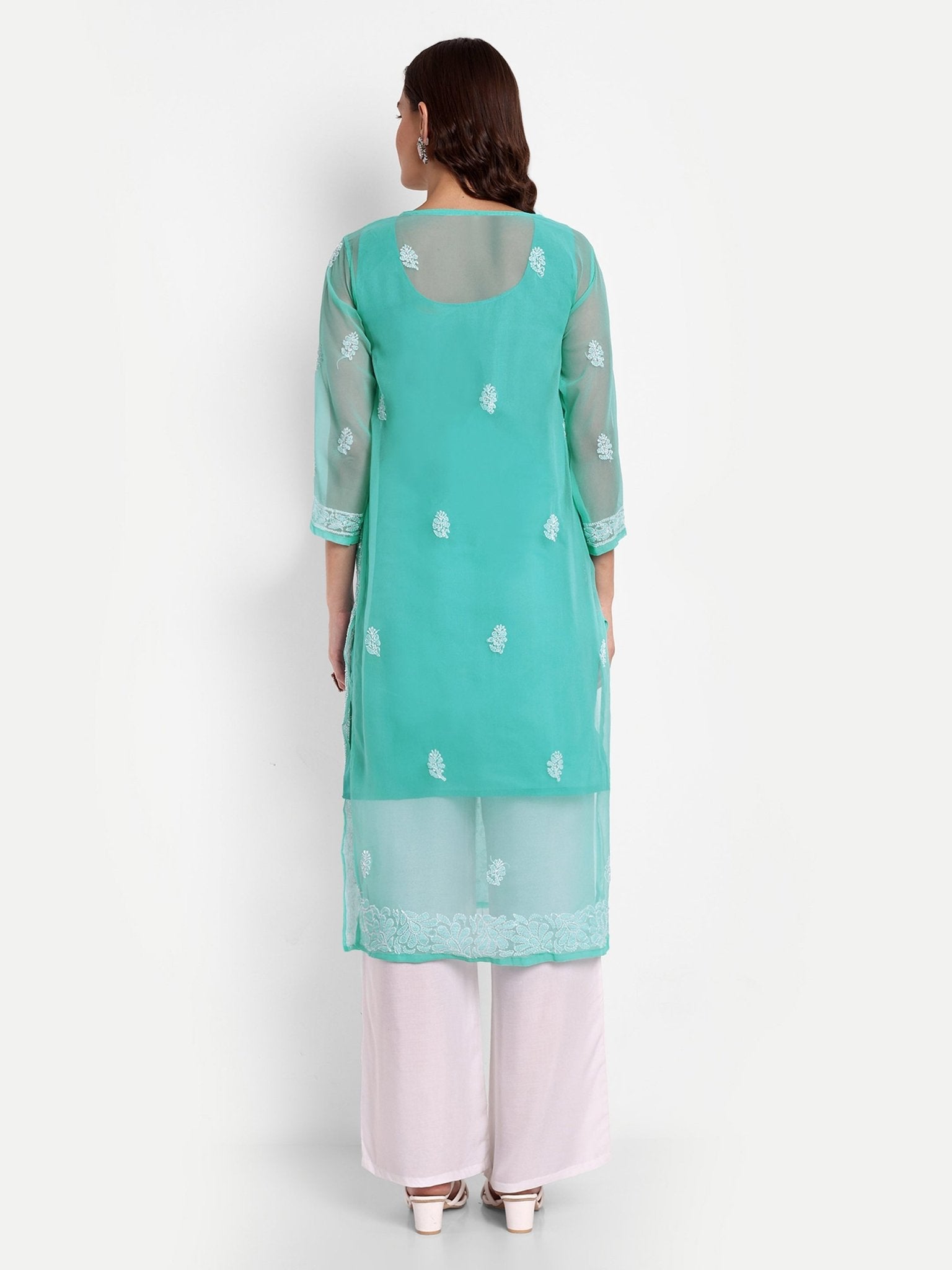 Lucknow Chikankari Hand Embroidered Kurta with Matching Inner, Georgette - Indiankala4u