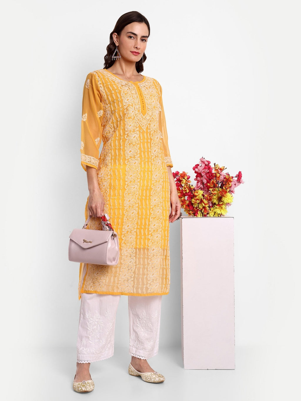 Lucknow Chikankari Hand Embroidered Kurta with Matching Inner, Georgette - Indiankala4u