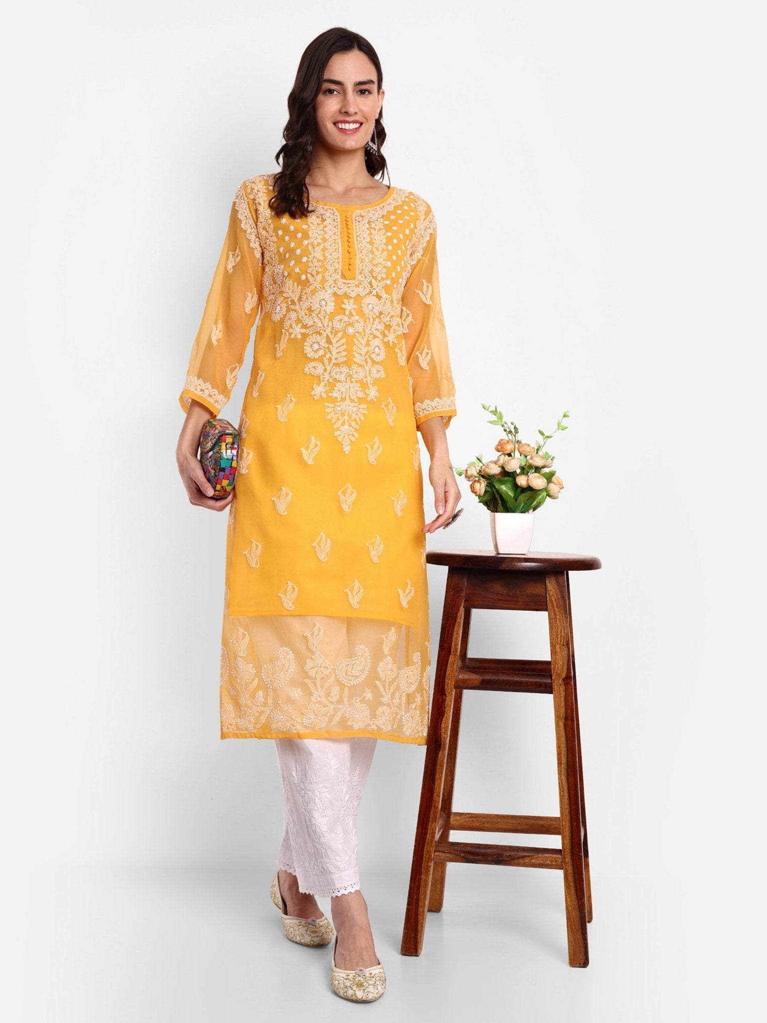 Lucknow Chikankari Hand Embroidered Kurta with Matching Inner, Georgette - Indiankala4u