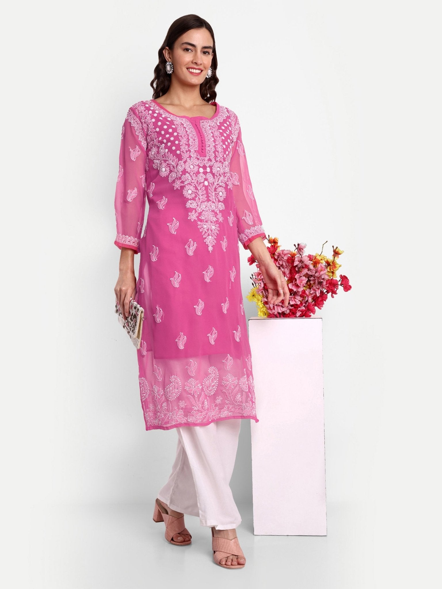 Lucknow Chikankari Hand Embroidered Kurta with Matching Inner, Georgette - Indiankala4u